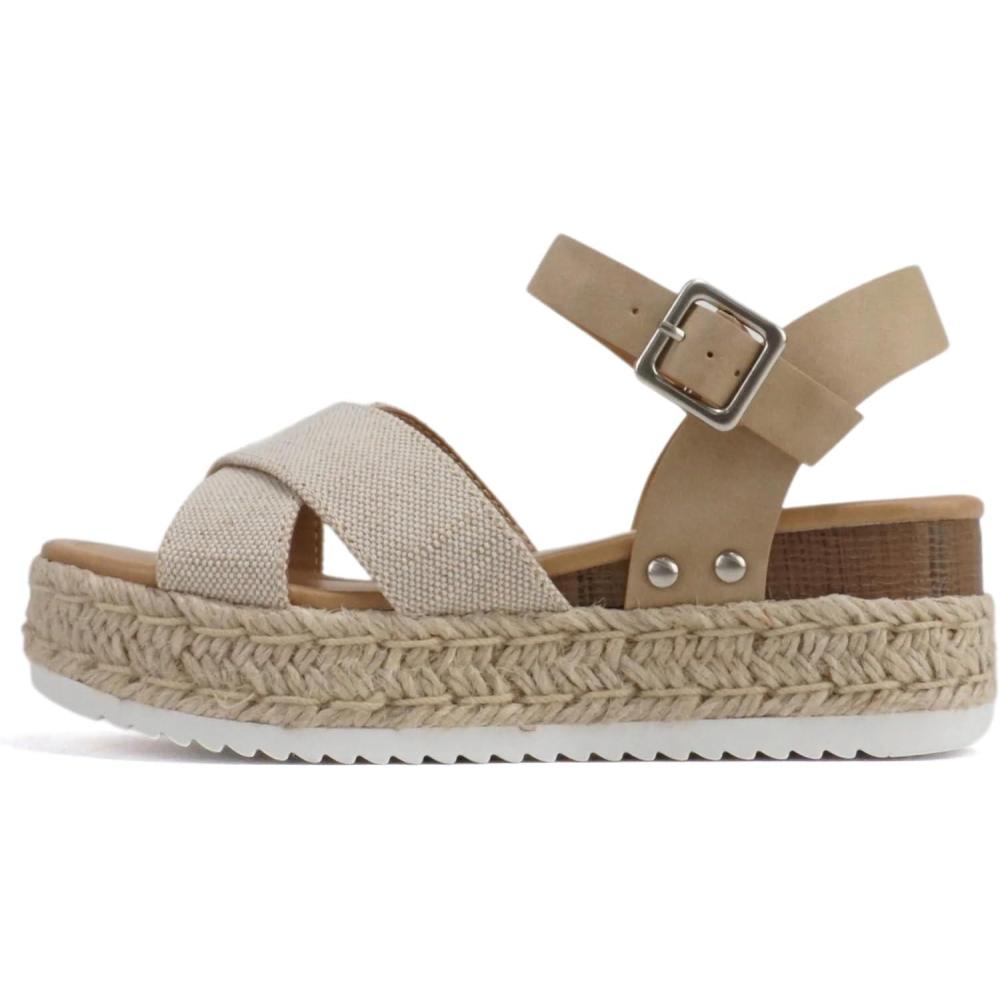 imageSoda FIRELY  Women Round Toe Crisscross Band Platform Espadrille Wedge Sandal with Adjustable Ankle StrapBeige CanvasTaupe