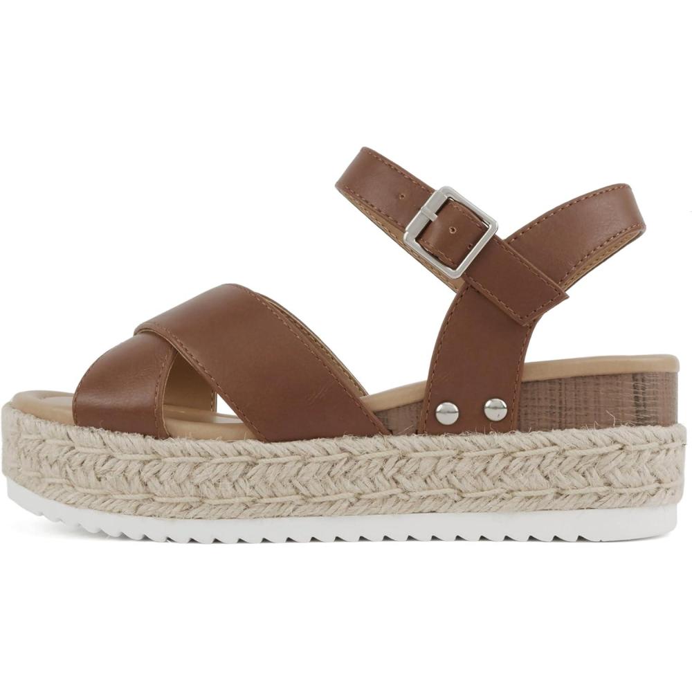 imageSoda FIRELY  Women Round Toe Crisscross Band Platform Espadrille Wedge Sandal with Adjustable Ankle StrapCognac Pu