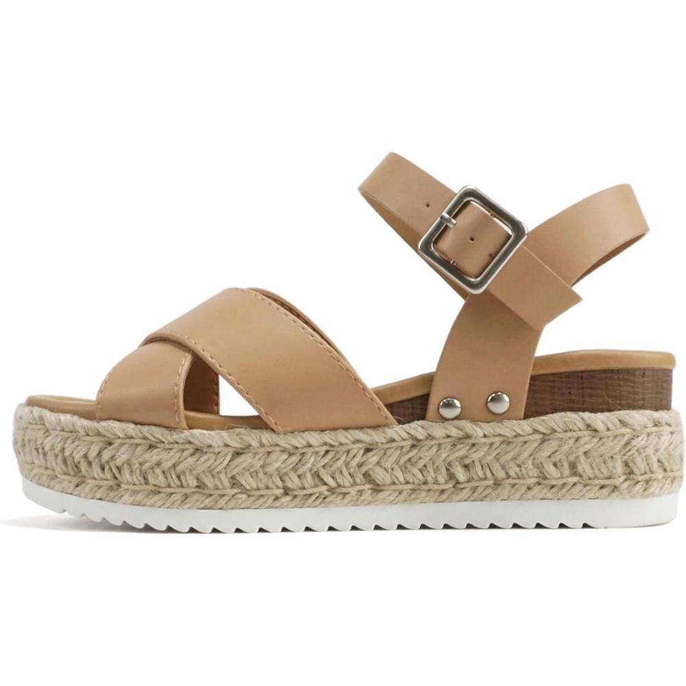 imageSoda FIRELY  Women Round Toe Crisscross Band Platform Espadrille Wedge Sandal with Adjustable Ankle StrapNatural Pu