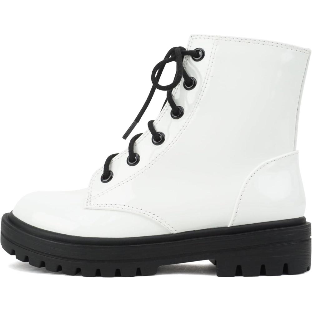 imageSoda FIRM2 KIDSCHILDRENGIRLS Lug Sole Fashion Combat Ankle Bootie Lace up wSide ZipperWhite PatentBlack