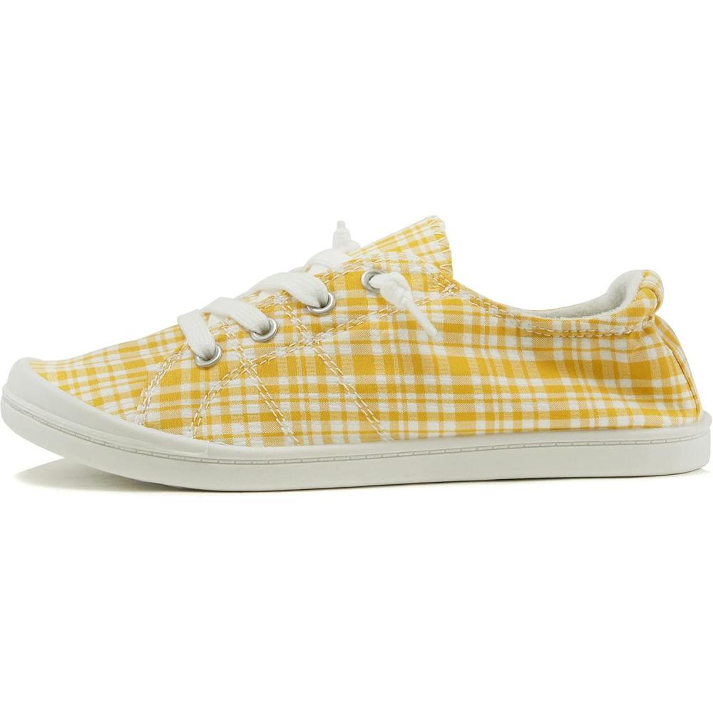 imageSoda Flat Women Shoes Linen Canvas Slip On Sneakers Lace Up Style Loafers ZigSMustardWhite Plaid