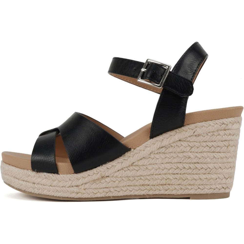 imageSoda Front  Women Round Toe Cross Band Low Heel Espadrille Wedge Sandal with Adjustable Ankle StrapBlack Pu