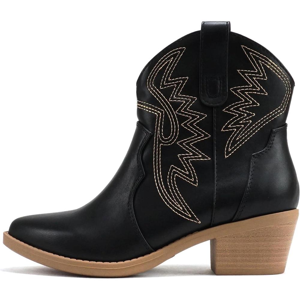 imageSoda GESSO  Women Pointed Toe Stitch SlipOn Low Stack Heel Ankle Western BootBlackNude Pu