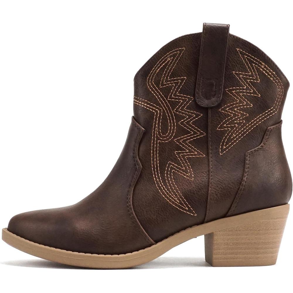 imageSoda GESSO  Women Pointed Toe Stitch SlipOn Low Stack Heel Ankle Western BootBrown Pu