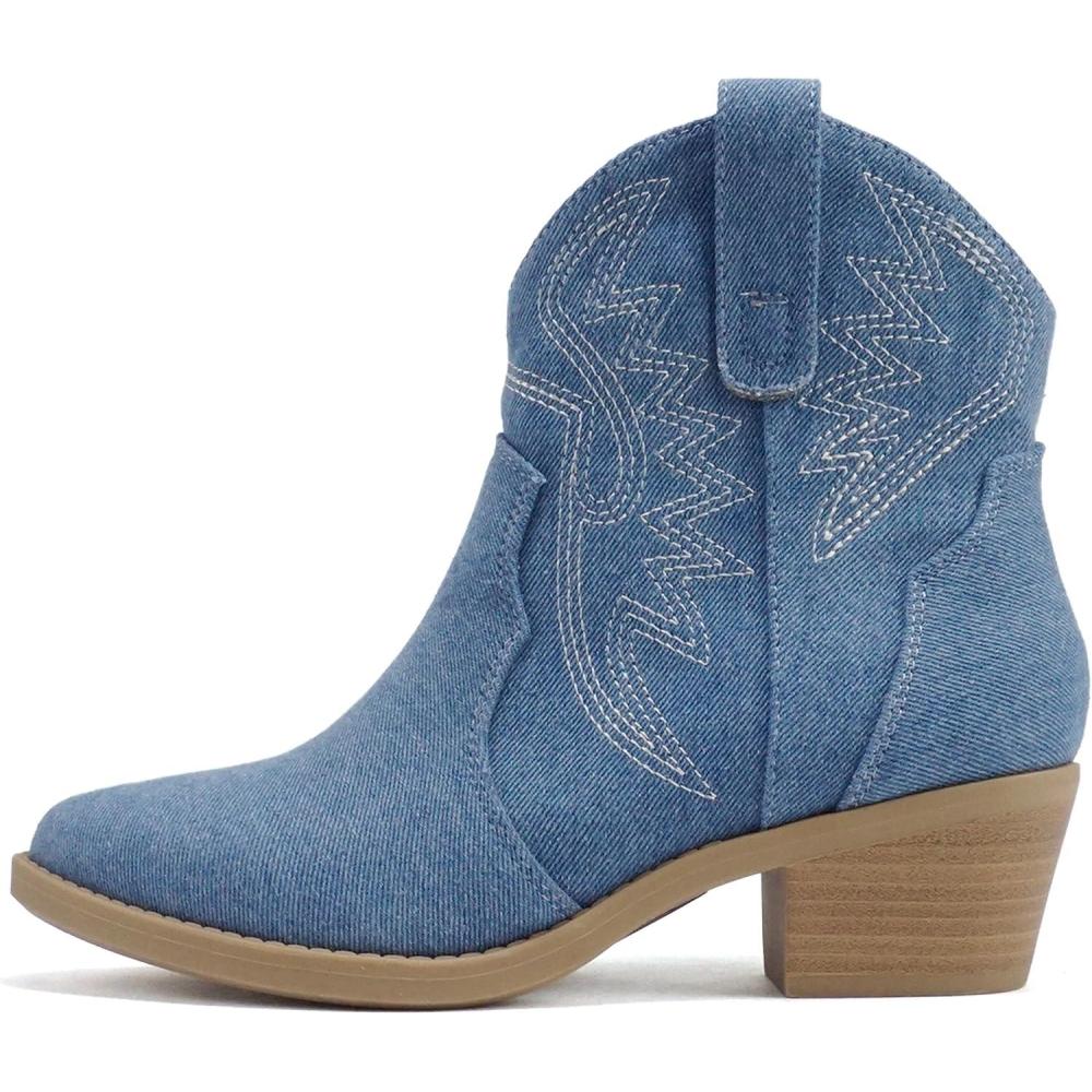 imageSoda GESSO  Women Pointed Toe Stitch SlipOn Low Stack Heel Ankle Western BootDenim Blue