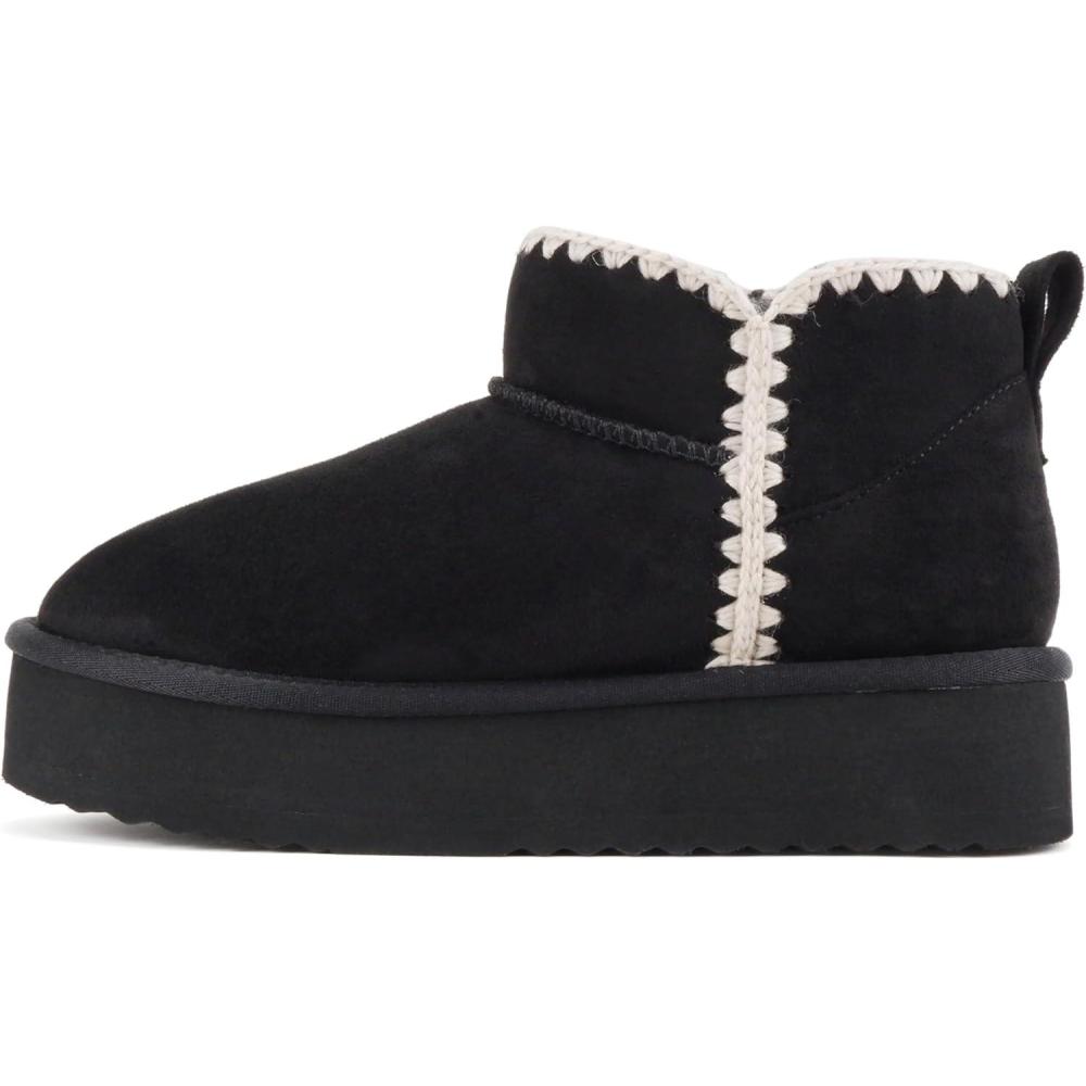imageSoda Groove  Women Round Toe Lug Sole Low Flatform Sherpalined Ankle Bootie with Stitch DetailBlack Imitation Suede
