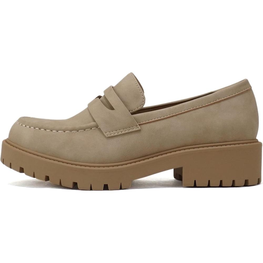 imageSoda HENDER  Women Round Toe Low Heel Lug Sole Platform Penny Loafer ShoeBeige Nubuck
