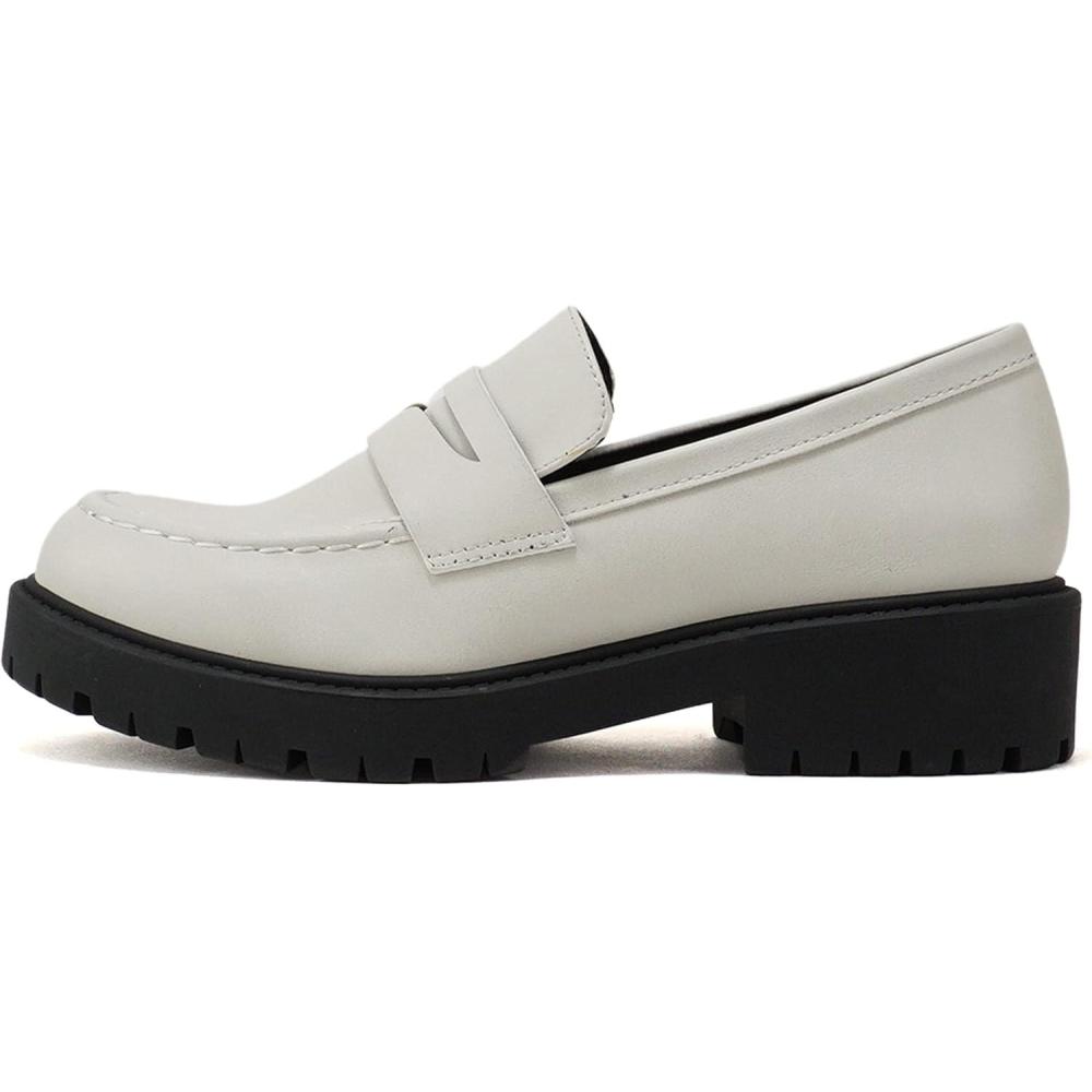 imageSoda HENDER  Women Round Toe Low Heel Lug Sole Platform Penny Loafer ShoeOff White Pu