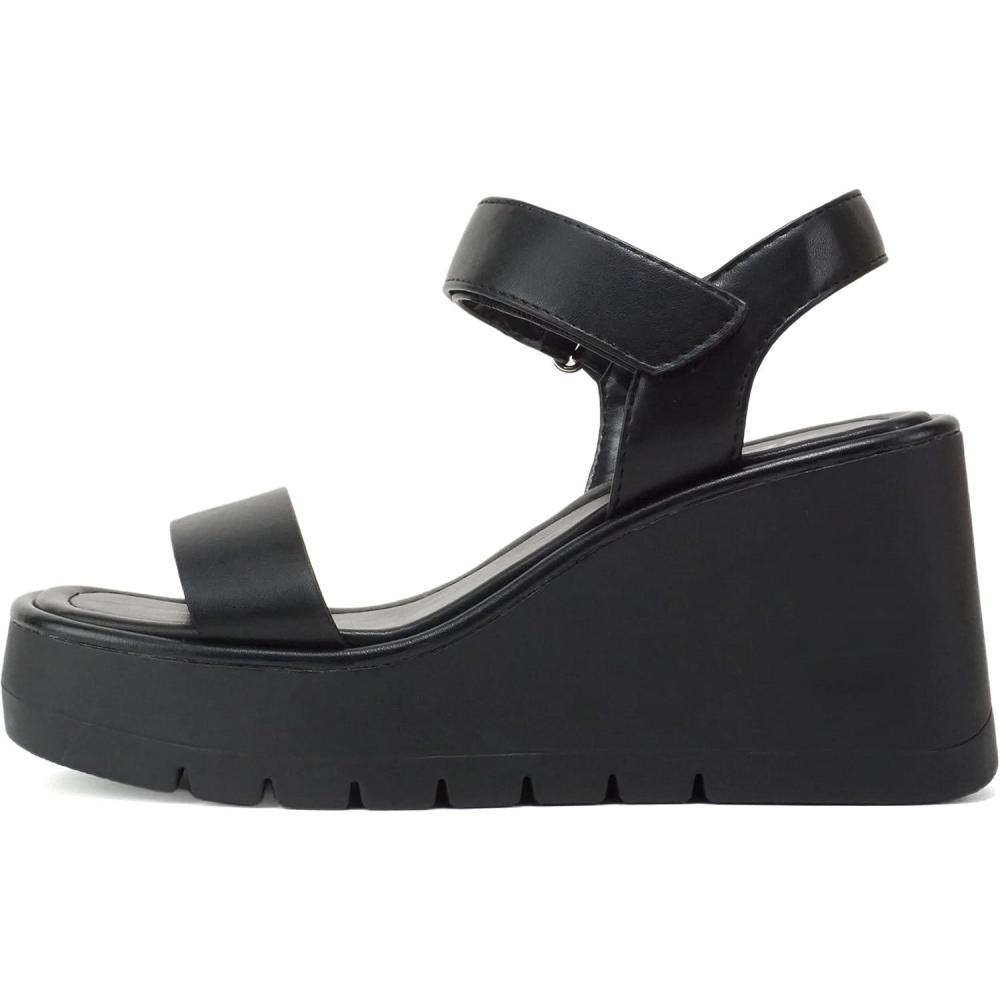 imageSoda HITTO  Women Open Square Toe Single Band Hook ampamp Loop Ankle Strap Lug Sole Wedge SandalBlack Pu