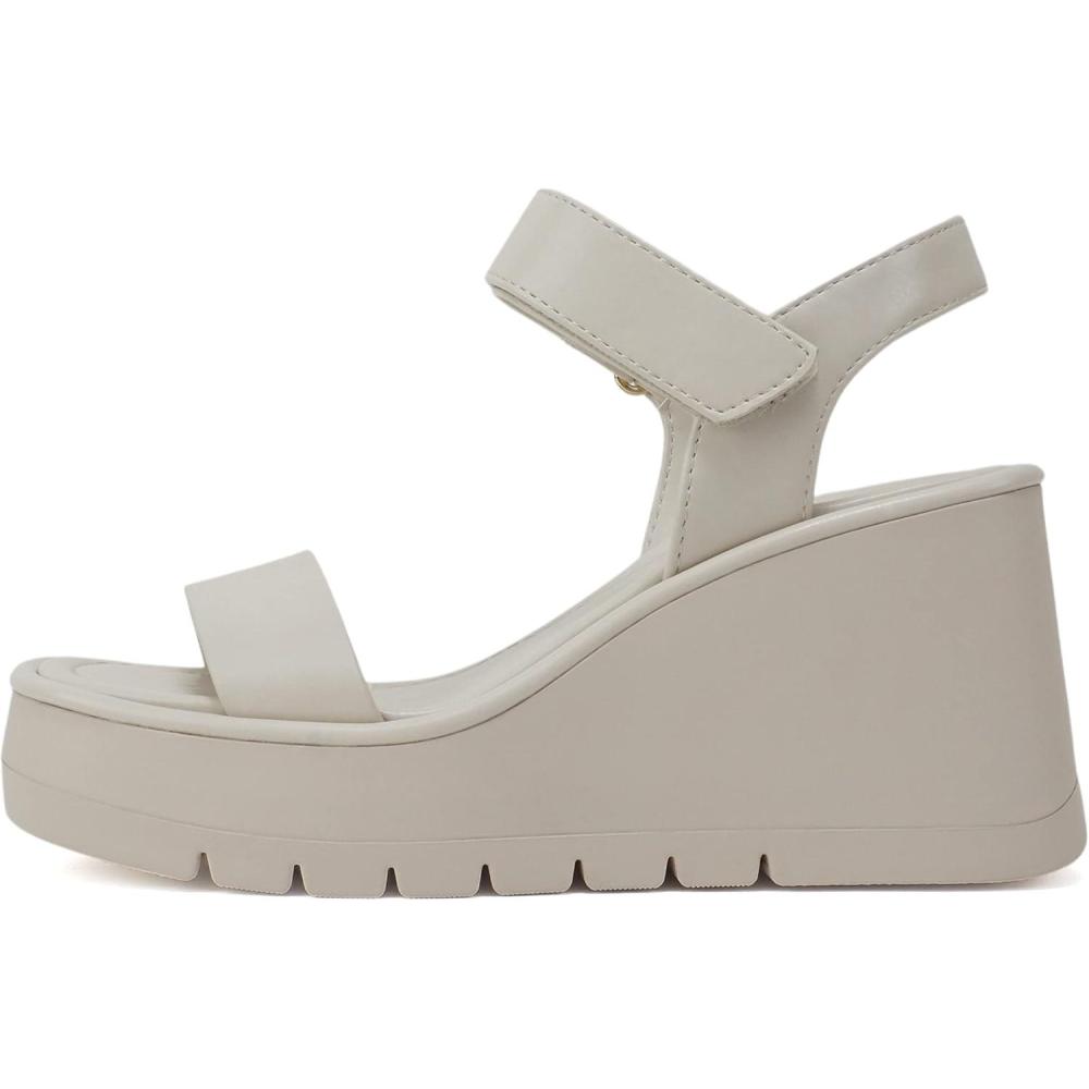 imageSoda HITTO  Women Open Square Toe Single Band Hook ampamp Loop Ankle Strap Lug Sole Wedge SandalOff White Pu