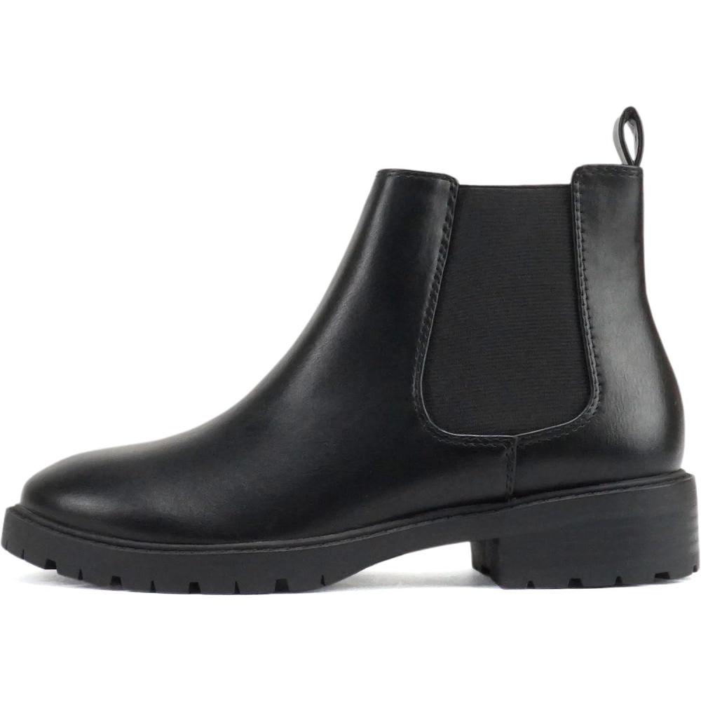 imageSoda HOPPER  Women Round Toe Double Elastic Gore Lug Sole Low Heel Chelsea Ankle Boot BootieBlack Pu