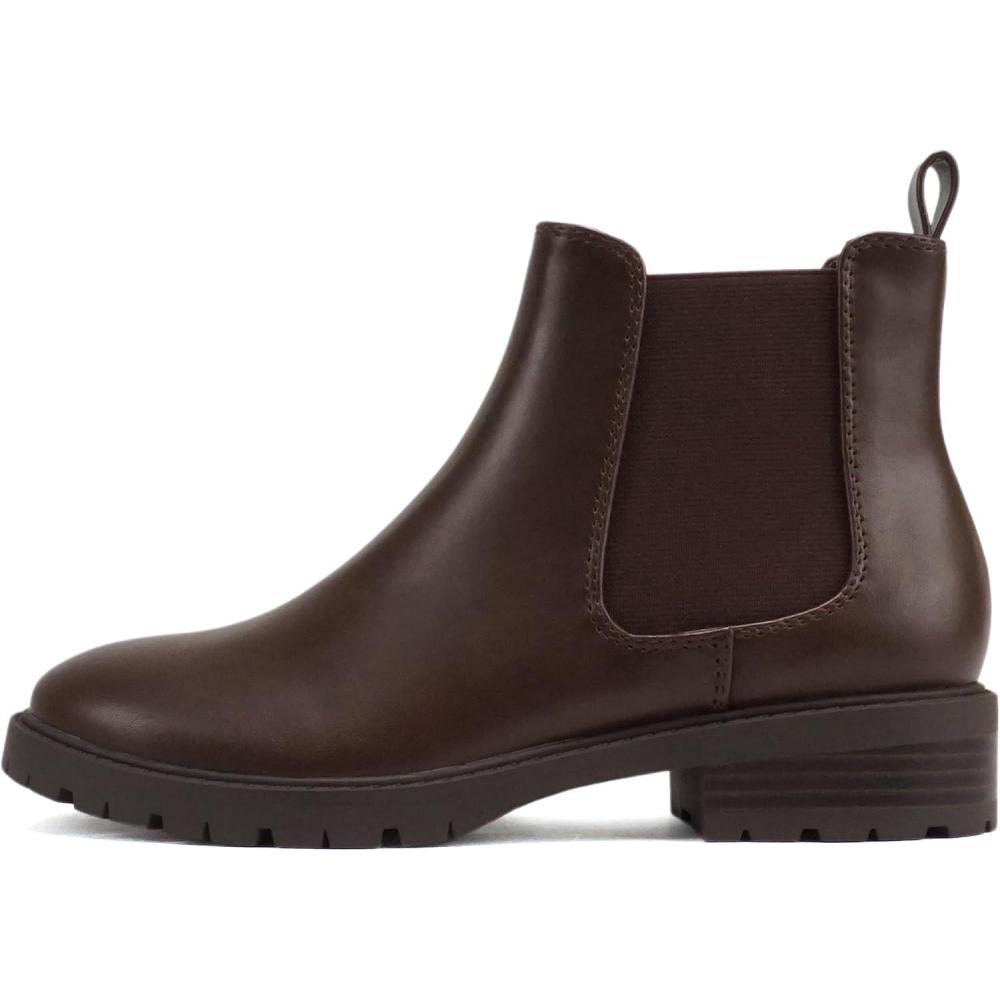 imageSoda HOPPER  Women Round Toe Double Elastic Gore Lug Sole Low Heel Chelsea Ankle Boot BootieBrown Pu