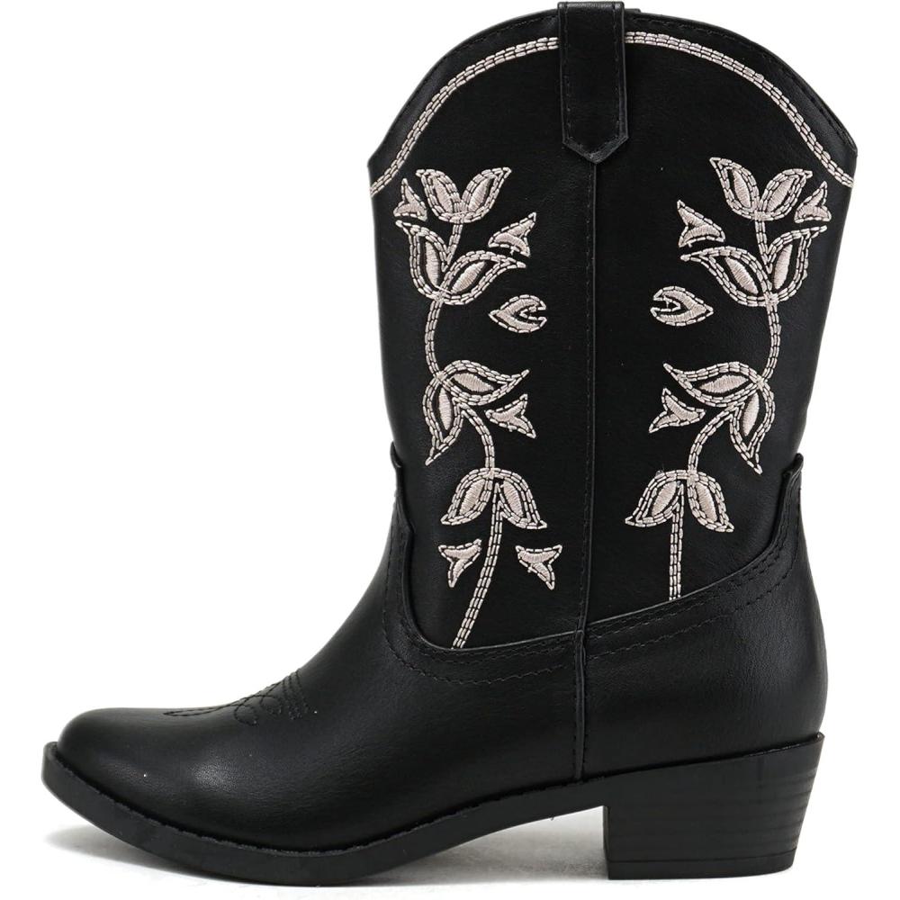 imageSoda INCH2 KidsGirlsChildren Western Cowboy Stitched Pointe Toe Block Low Heel Ankle Mid Shaft Fashion BootsBlack Pu