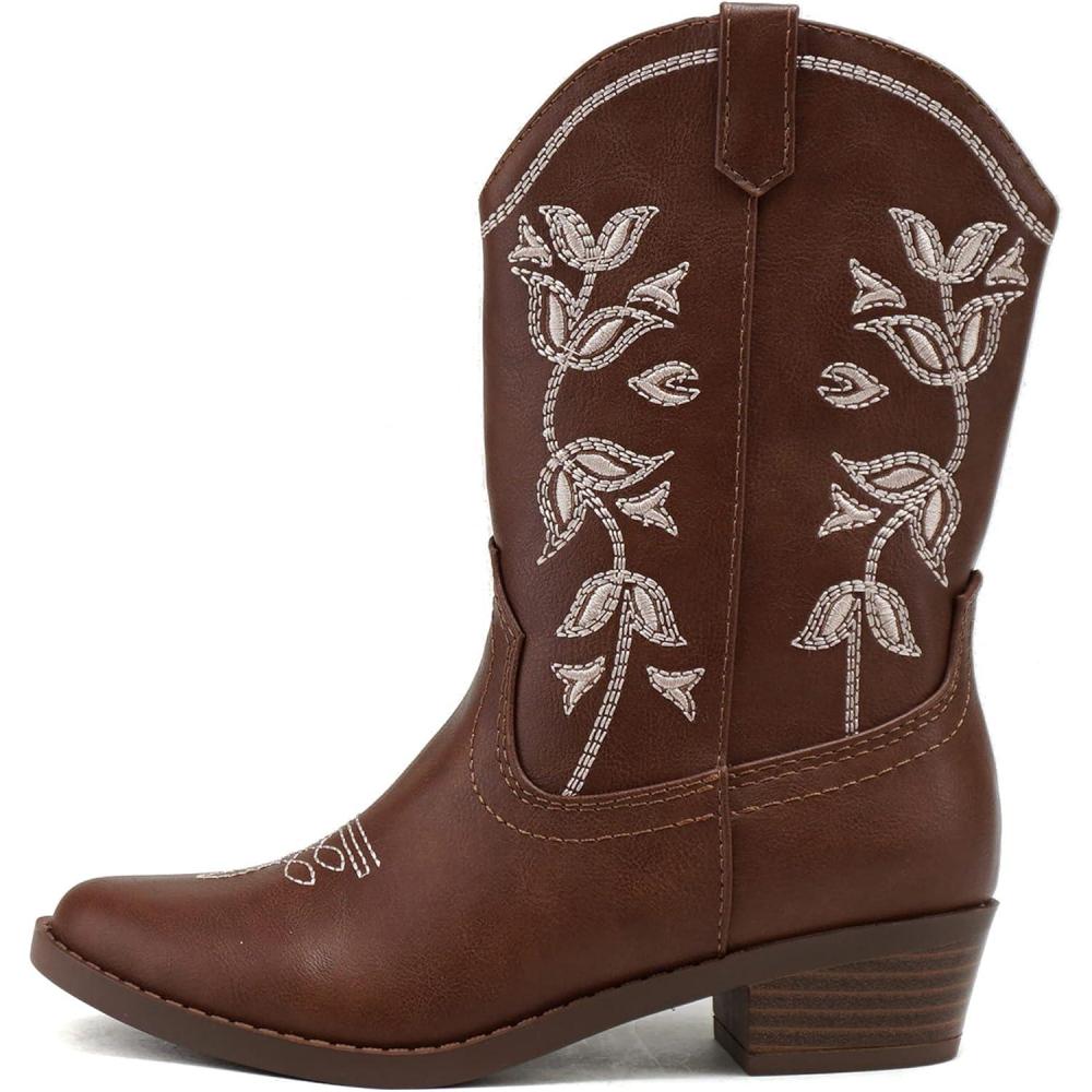 imageSoda INCH2 KidsGirlsChildren Western Cowboy Stitched Pointe Toe Block Low Heel Ankle Mid Shaft Fashion BootsDtan Pu