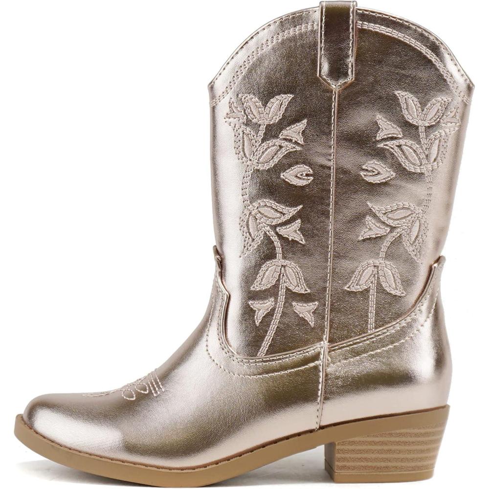 imageSoda INCH2 KidsGirlsChildren Western Cowboy Stitched Pointe Toe Block Low Heel Ankle Mid Shaft Fashion BootsSogold Metallic Pu