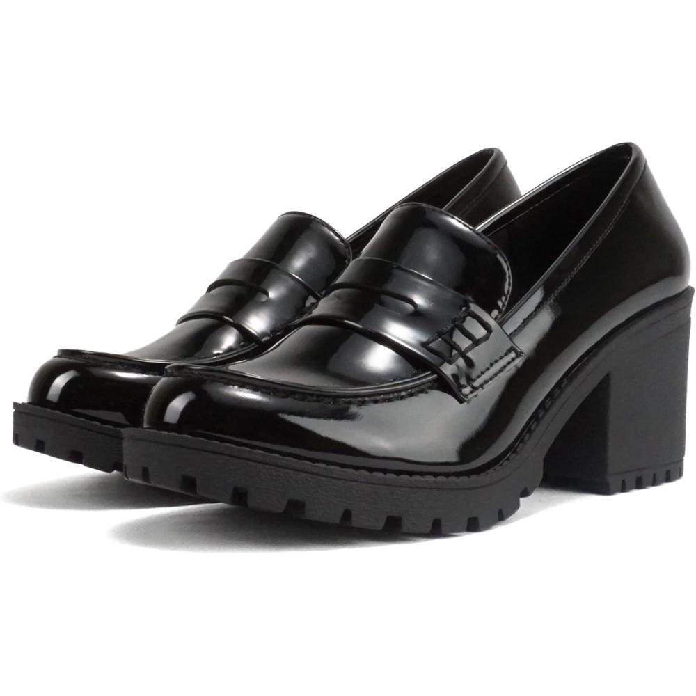 imageSoda Kinder  Women Slip On Chunky Mid Heel Lug Sole Penny Loafer ShoeBlack Patent