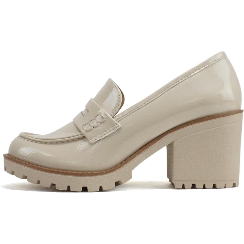 imageSoda Kinder  Women Slip On Chunky Mid Heel Lug Sole Penny Loafer ShoeBone Patent
