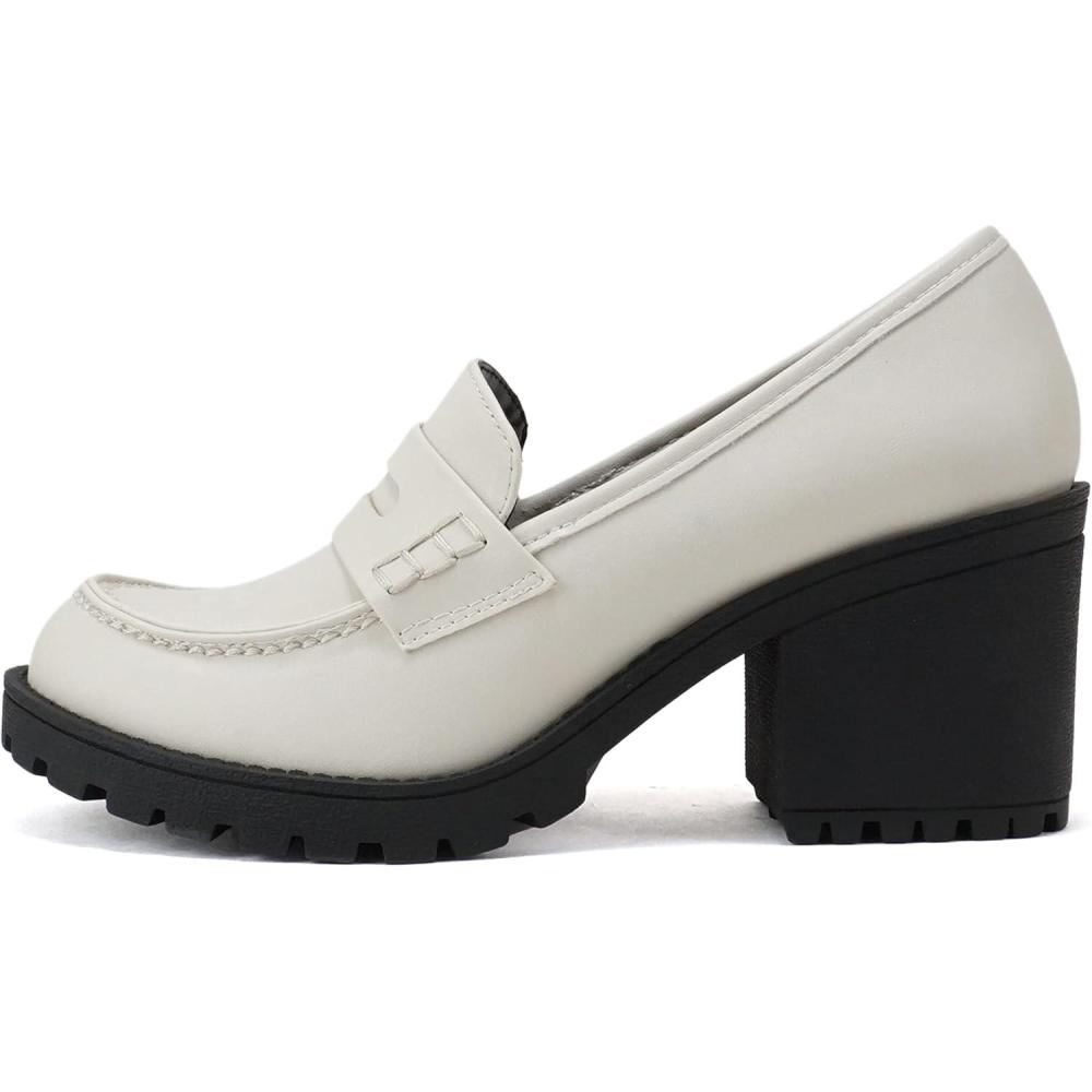 imageSoda Kinder  Women Slip On Chunky Mid Heel Lug Sole Penny Loafer ShoeOff White Pu