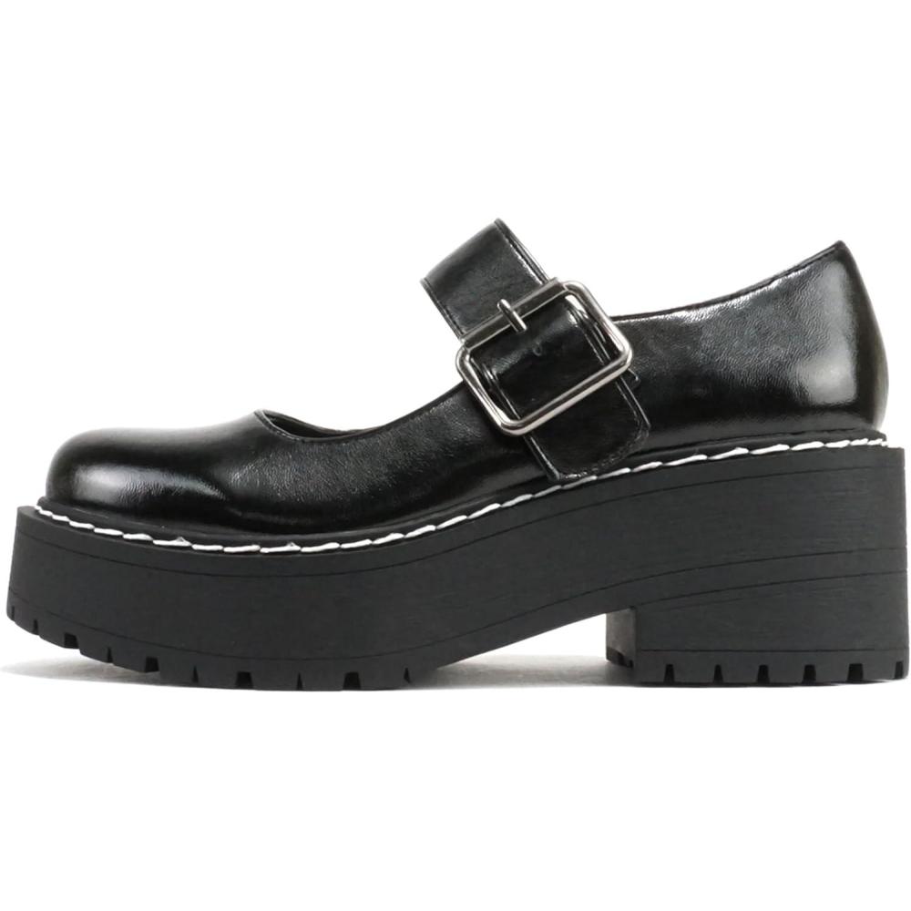 imageSoda LOAF  Women Round Toe Lug Sole Low Platform Heel Mary Jane Pump Shoe with Adjustable Ankle StrapBlack Metallic Pu