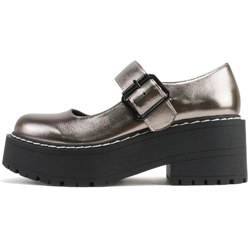 imageSoda LOAF  Women Round Toe Lug Sole Low Platform Heel Mary Jane Pump Shoe with Adjustable Ankle StrapGunmetal Metallic Pu