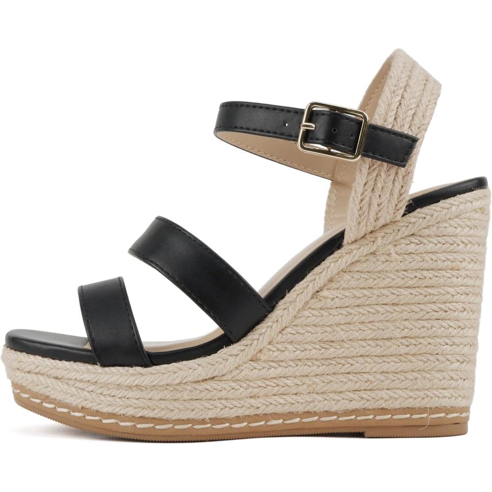 imageSoda Lavina  Women Open Square Toe Multi Band High Heel Espadrille Wedge Sandal with Adjustable Ankle StrapBlack Pu