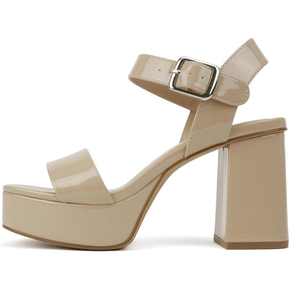 imageSoda MACEY  Women Open Square Toe Single Band High Heel Platform Dress Sandal with Adjustable Ankle StrapBeige Patent