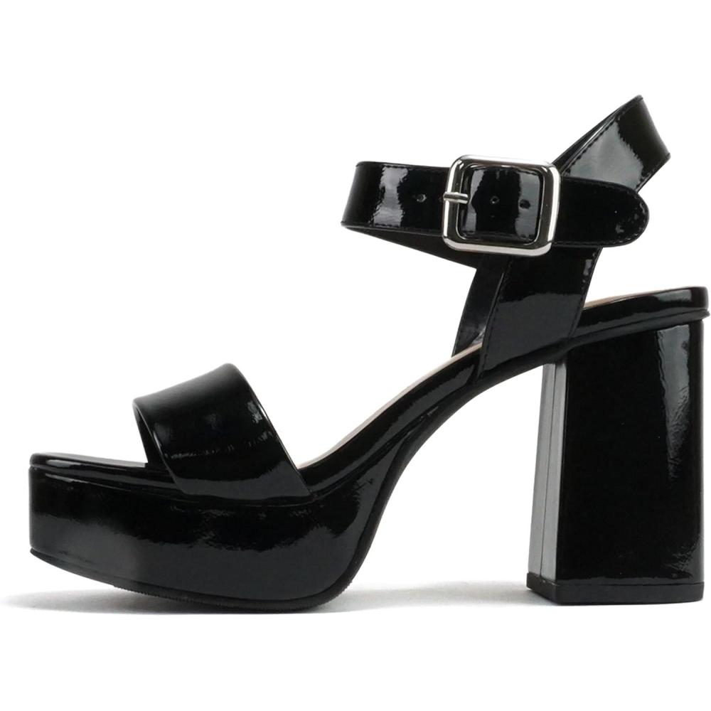 imageSoda MACEY  Women Open Square Toe Single Band High Heel Platform Dress Sandal with Adjustable Ankle StrapBlack Patent