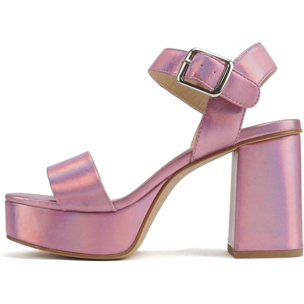 imageSoda MACEY  Women Open Square Toe Single Band High Heel Platform Dress Sandal with Adjustable Ankle StrapPink Metallic Pu
