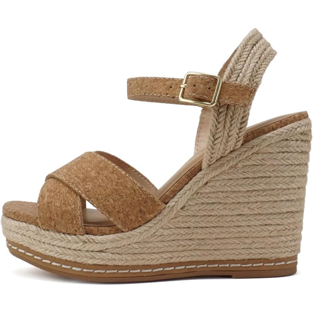 imageSoda MELANY  Women Open Toe Crisscross Two Bands Upper Ankle Strap High Heel Espadrille Wedge SandalNatural Cork