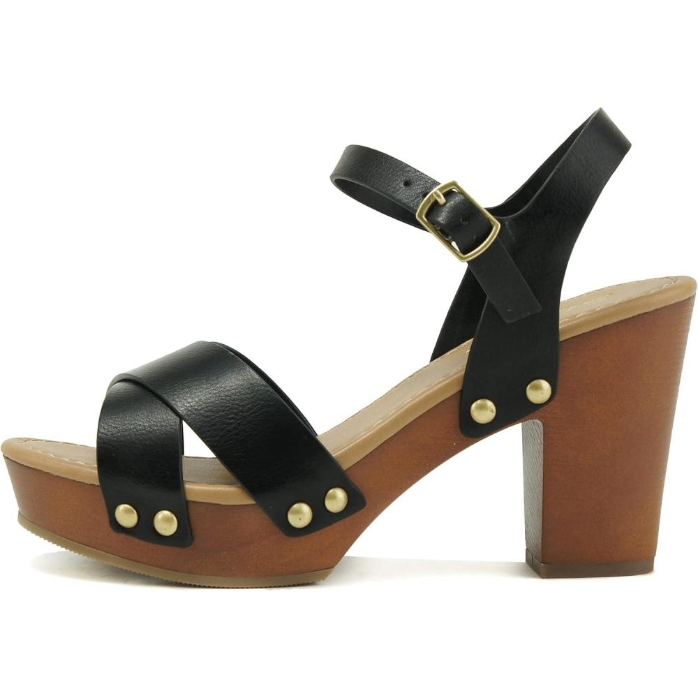 imageSoda MIGUEL  Women Crisscross Band Fashion Chunky Platform Block Mid Heel Sandal with Ankle Strap and StudBlack Pu