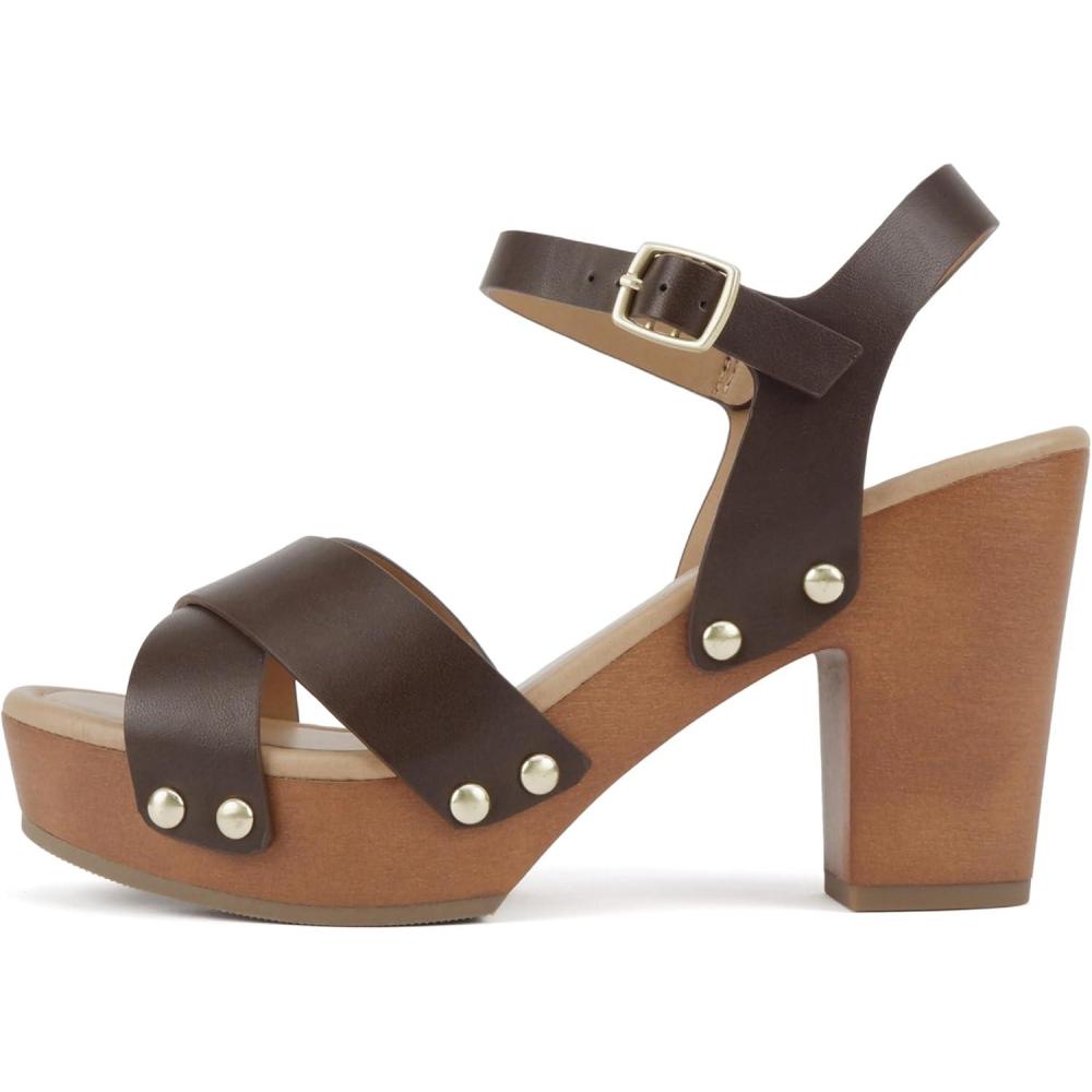 imageSoda MIGUEL  Women Crisscross Band Fashion Chunky Platform Block Mid Heel Sandal with Ankle Strap and StudBrown Pu