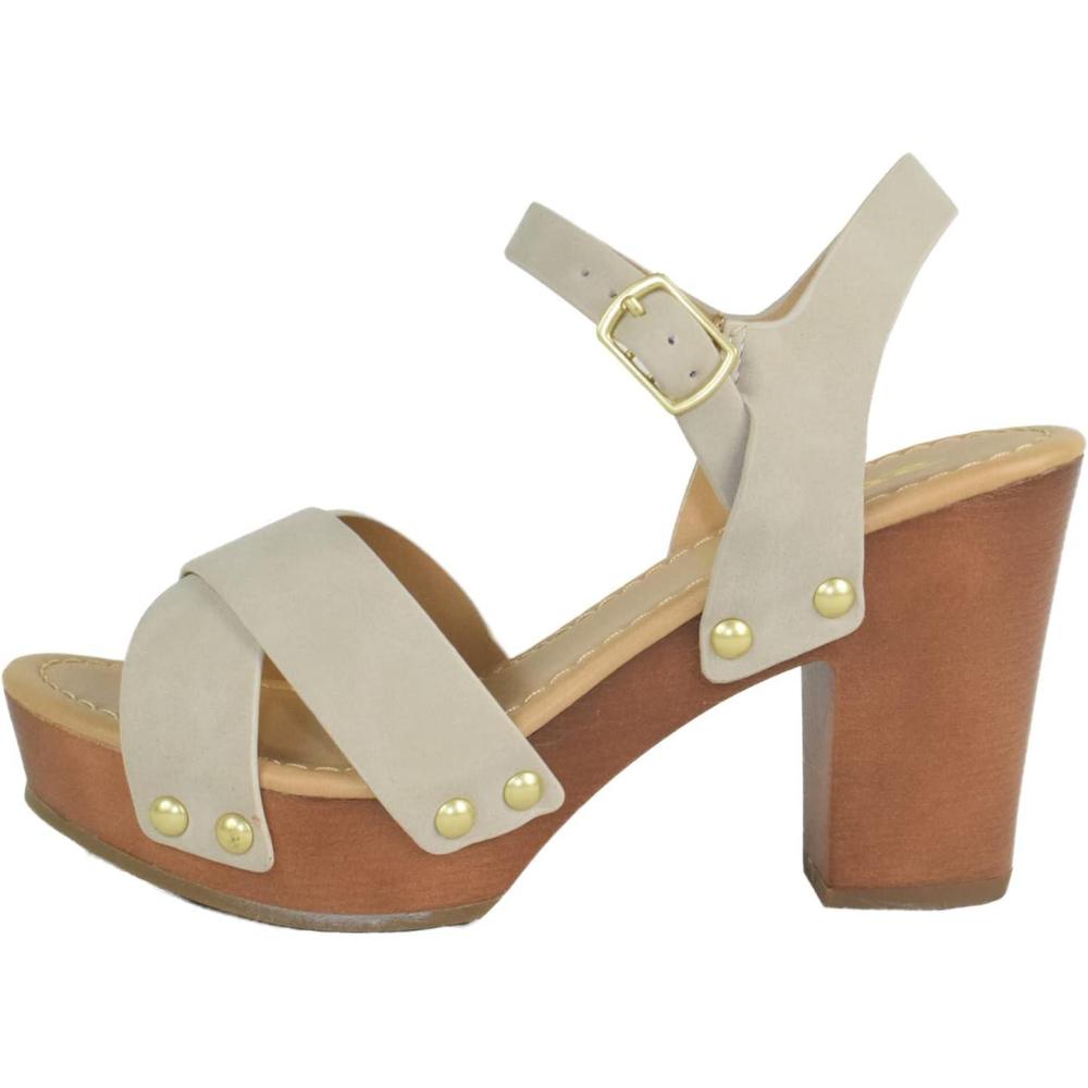 imageSoda MIGUEL  Women Crisscross Band Fashion Chunky Platform Block Mid Heel Sandal with Ankle Strap and StudSand Nbpu