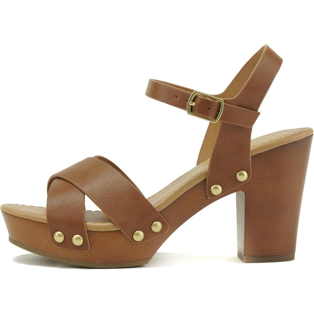 imageSoda MIGUEL  Women Crisscross Band Fashion Chunky Platform Block Mid Heel Sandal with Ankle Strap and StudTan Pu