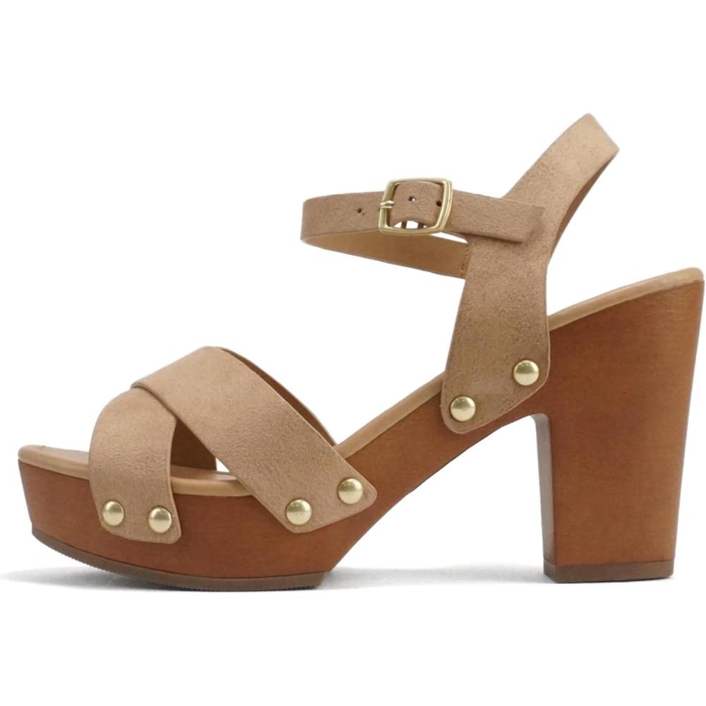 imageSoda MIGUEL  Women Crisscross Band Fashion Chunky Platform Block Mid Heel Sandal with Ankle Strap and StudWheat Suede