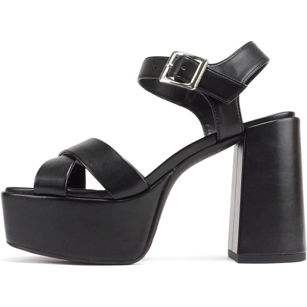 imageSoda MODIFY  Women Open Square Toe Crisscross Band Ankle Strap Buckle Platform High Heel SandalBlack Pu