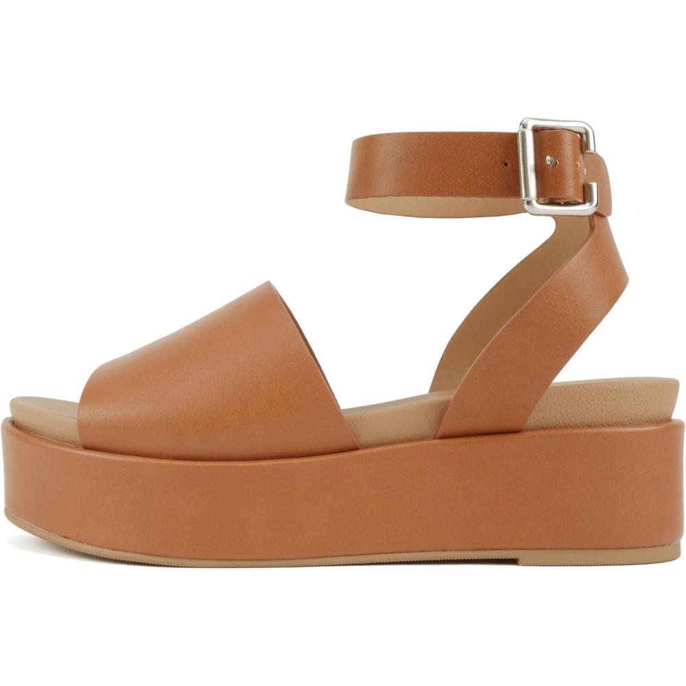 imageSoda Magic  Women Round Toe Single Band Platform Sandal with Adjustable Ankle StrapTan Pu