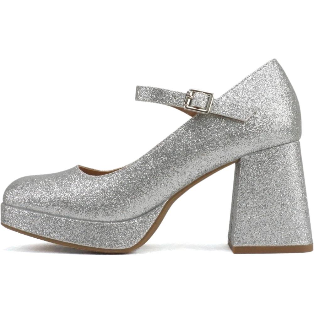 imageSoda NOSTA  Women Square Toe Mary Jane Platform High Chunky Flare Heel Pump Shoe with Adjustable Ankle StrapSilver Glitter