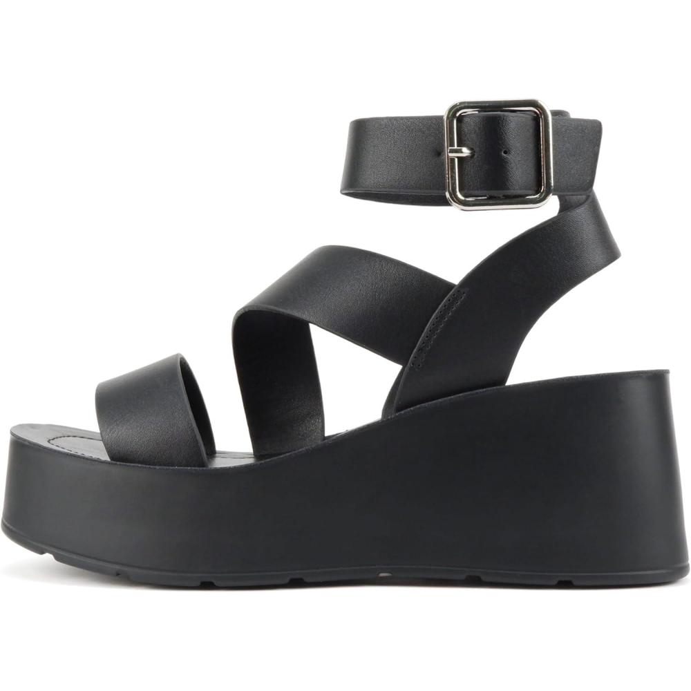 imageSoda Newday  Women Square Toe Multi Strap Low Heel Wedge Sandal with Adjustable Ankle StrapBlack Pu