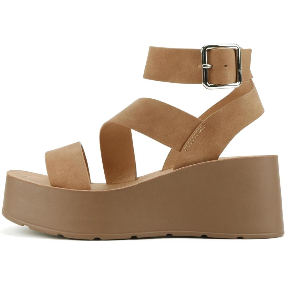 imageSoda Newday  Women Square Toe Multi Strap Low Heel Wedge Sandal with Adjustable Ankle StrapTan Nubuck