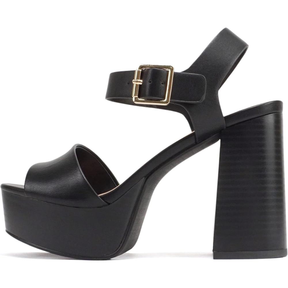 imageSoda OPTIONS  Women Open Square Toe Single Band Ankle Strap Buckle Platform High Heel SandalBlack Pu