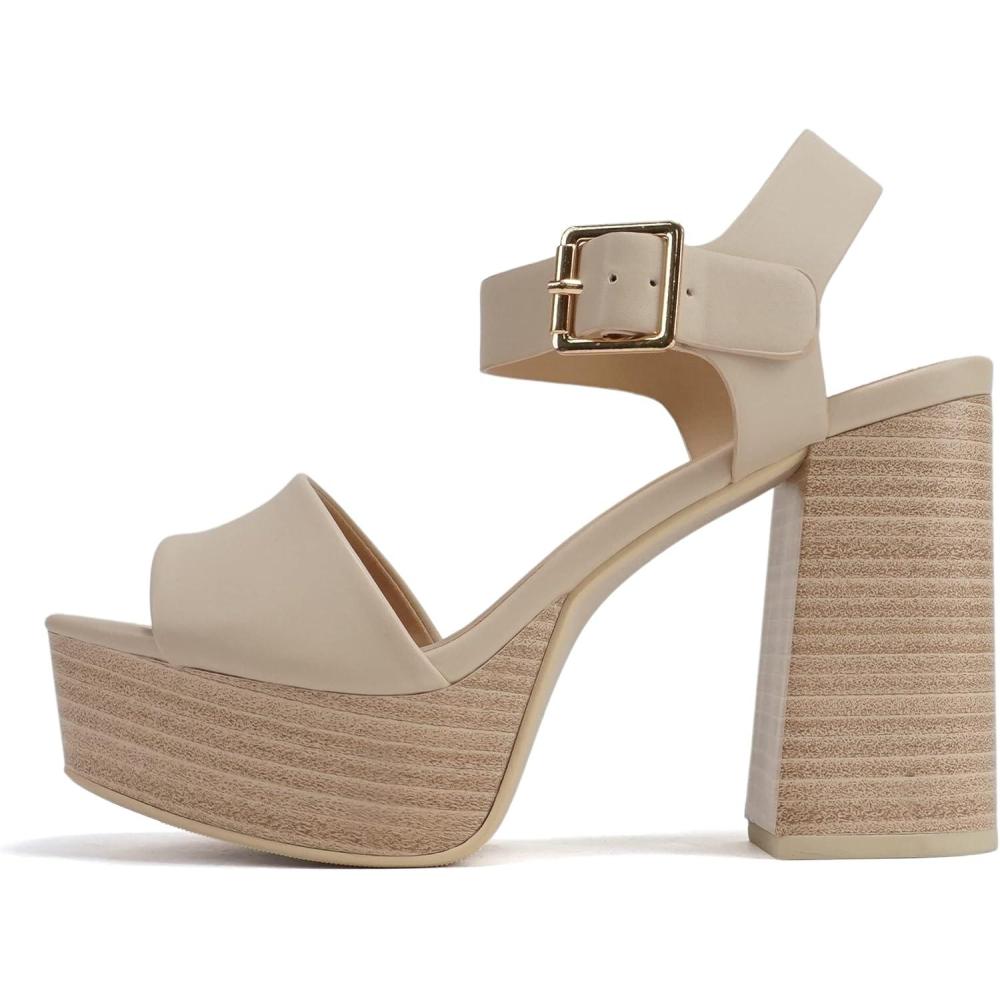 imageSoda OPTIONS  Women Open Square Toe Single Band Ankle Strap Buckle Platform High Heel SandalNude Pu