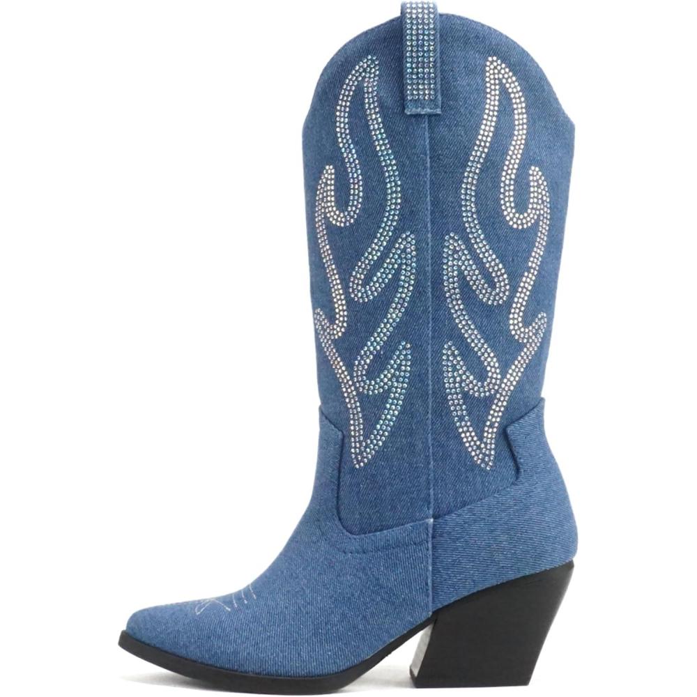 imageSoda OZIE  Women Pointed Toe Low Heel Rhinestone MidCalf Western BootDenim Blue