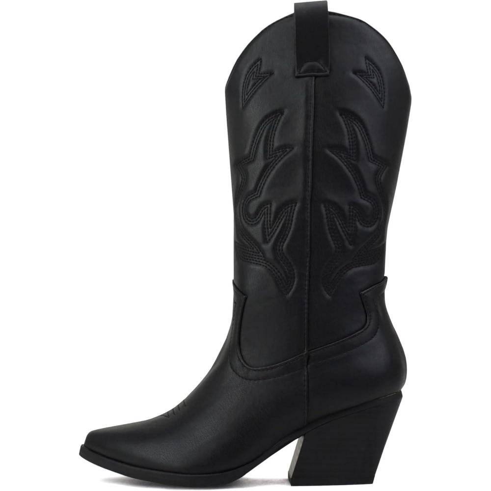 imageSoda Orville  Women Western Cowboy Stitched Pointe Toe Heel Ankle Mid Shaft Fashion BootsBlack Pu