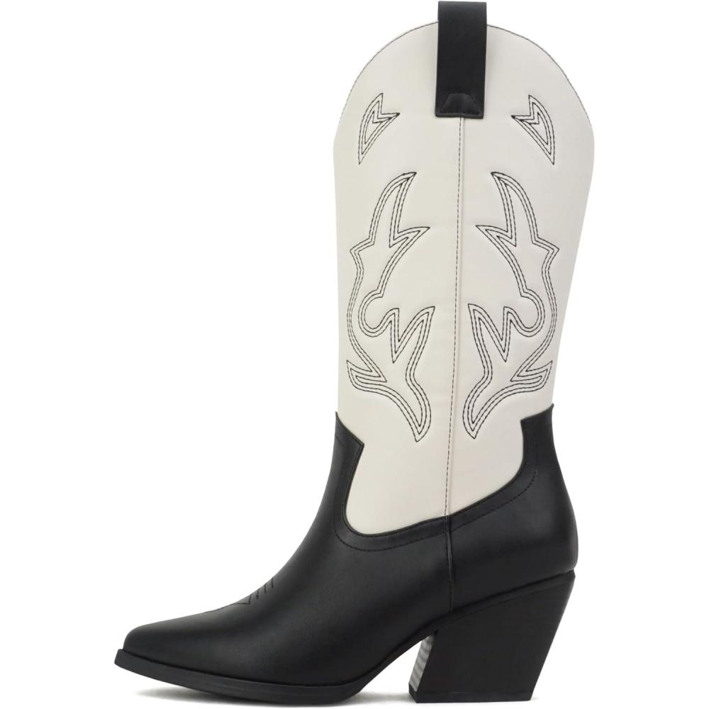 imageSoda Orville  Women Western Cowboy Stitched Pointe Toe Heel Ankle Mid Shaft Fashion BootsBlackOff White Pu
