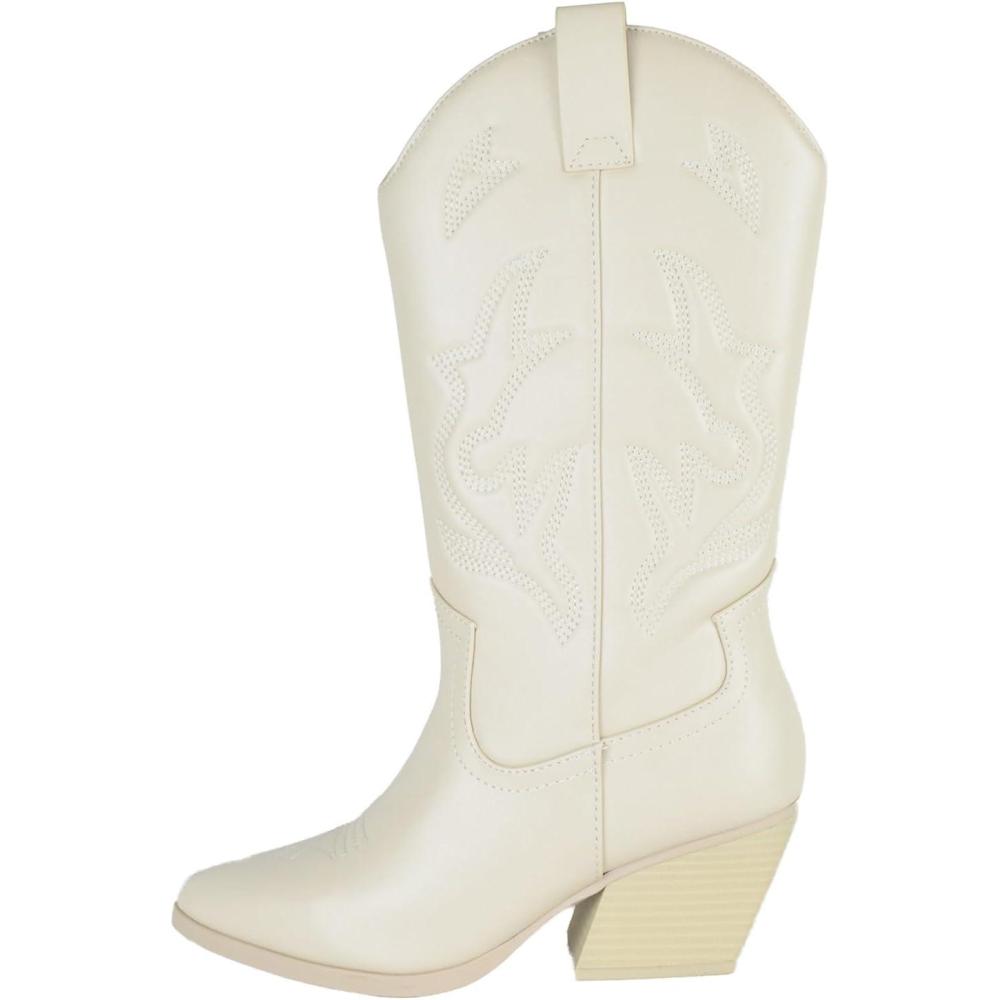 imageSoda Orville  Women Western Cowboy Stitched Pointe Toe Heel Ankle Mid Shaft Fashion BootsBone