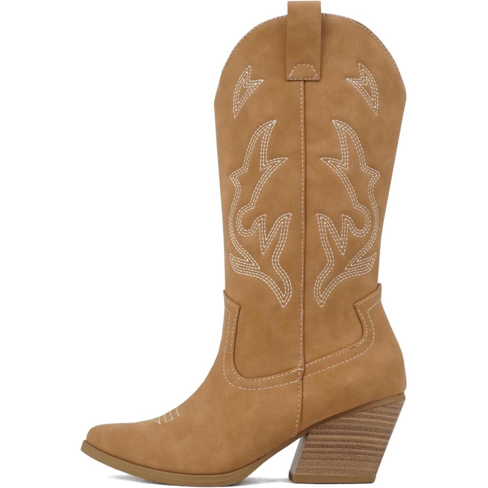 imageSoda Orville  Women Western Cowboy Stitched Pointe Toe Heel Ankle Mid Shaft Fashion BootsCoffee Nubuck