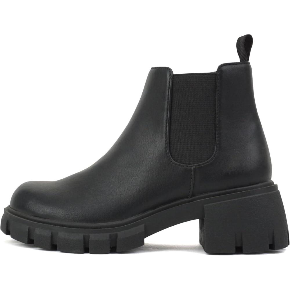imageSoda PIONEER2 KidsGirlsChildren Lug Sole Low Heel Chelsea Fashion Ankle Bootie wDouble Elastic GoreBlack Pu
