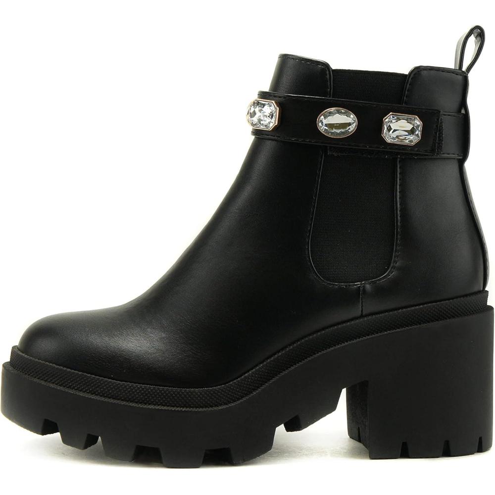 imageSoda PROFILE Women Lug Sole Mid Heel Chelsea Fashion Ankle Bootie wGleaming StudsBlack