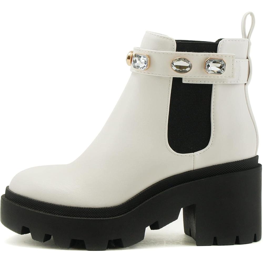 imageSoda PROFILE Women Lug Sole Mid Heel Chelsea Fashion Ankle Bootie wGleaming StudsWhite