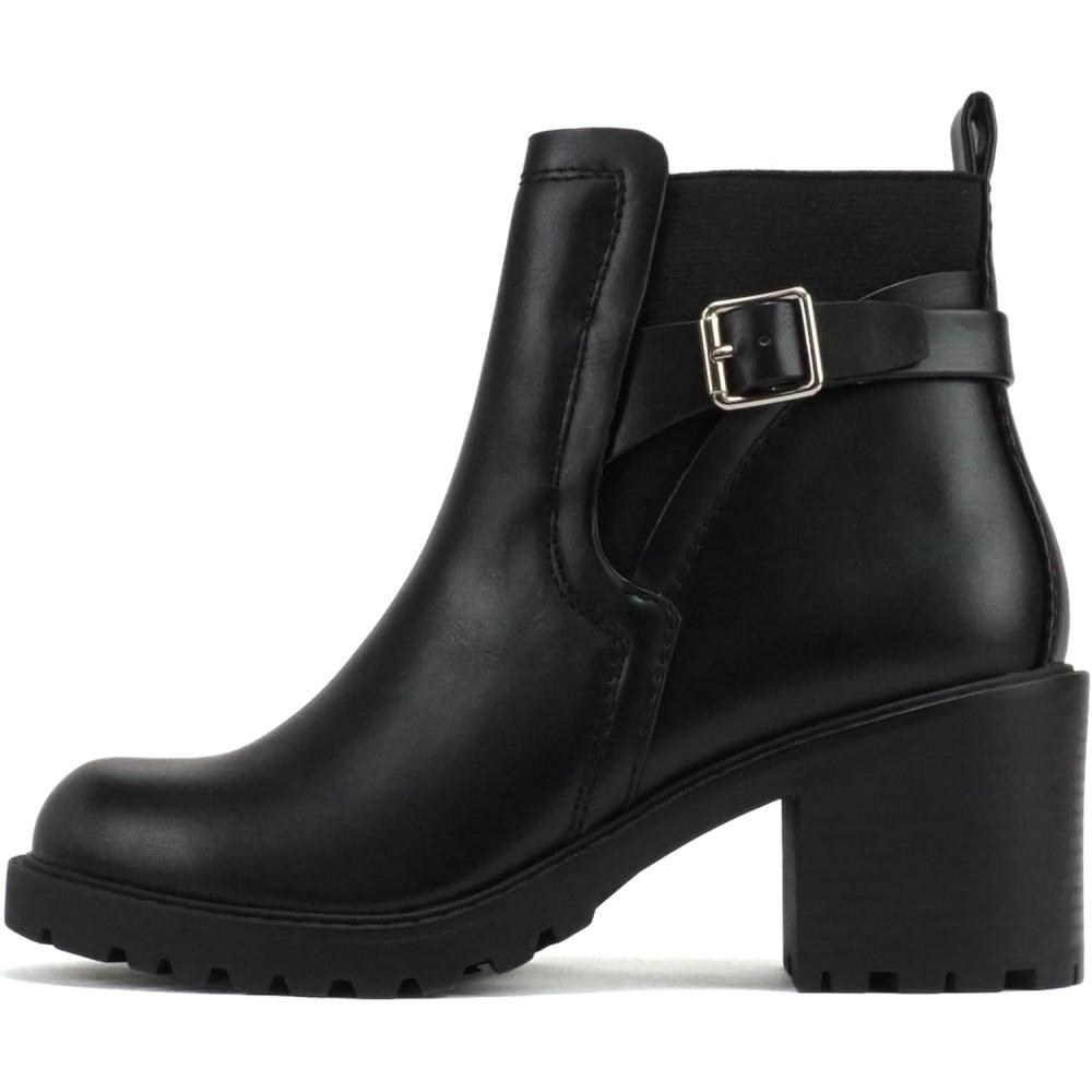 imageSoda PUGGLE  Women Round Toe Elastic Gore Belted Strap Lug Sole Low Heel Ankle Boot with Side ZipperBlack Pu